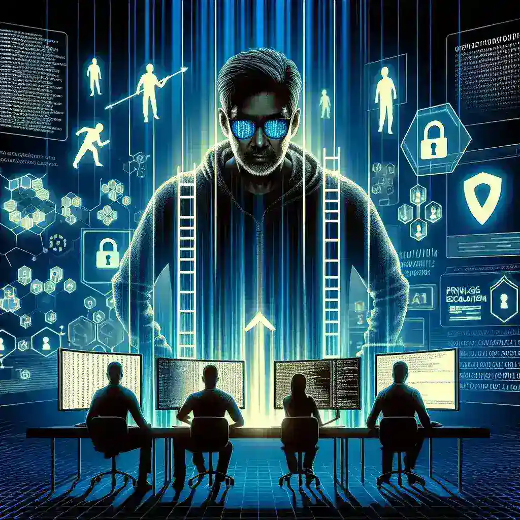 "Illustration depicting a hacker executing privilege escalation techniques to gain unauthorized access to a computer system, highlighting security vulnerabilities and cyber threats."