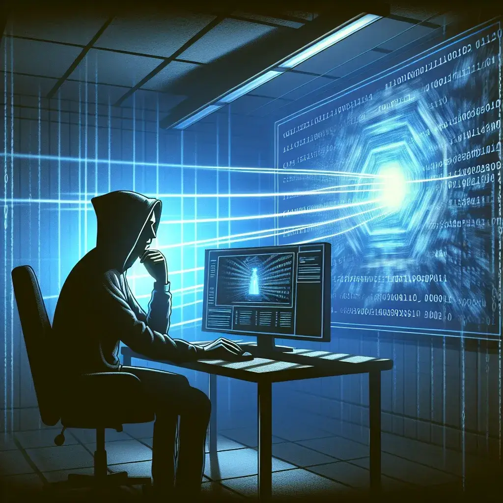 "Illustration of session replay technology showing a hacker analyzing user interactions on a website, highlighting how sensitive information is gathered through recorded sessions."