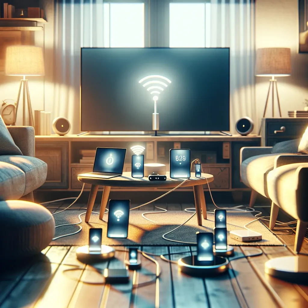 "Wireless power transmission technology powering household devices without charging cables, showcasing a modern home environment with various gadgets seamlessly operating."
