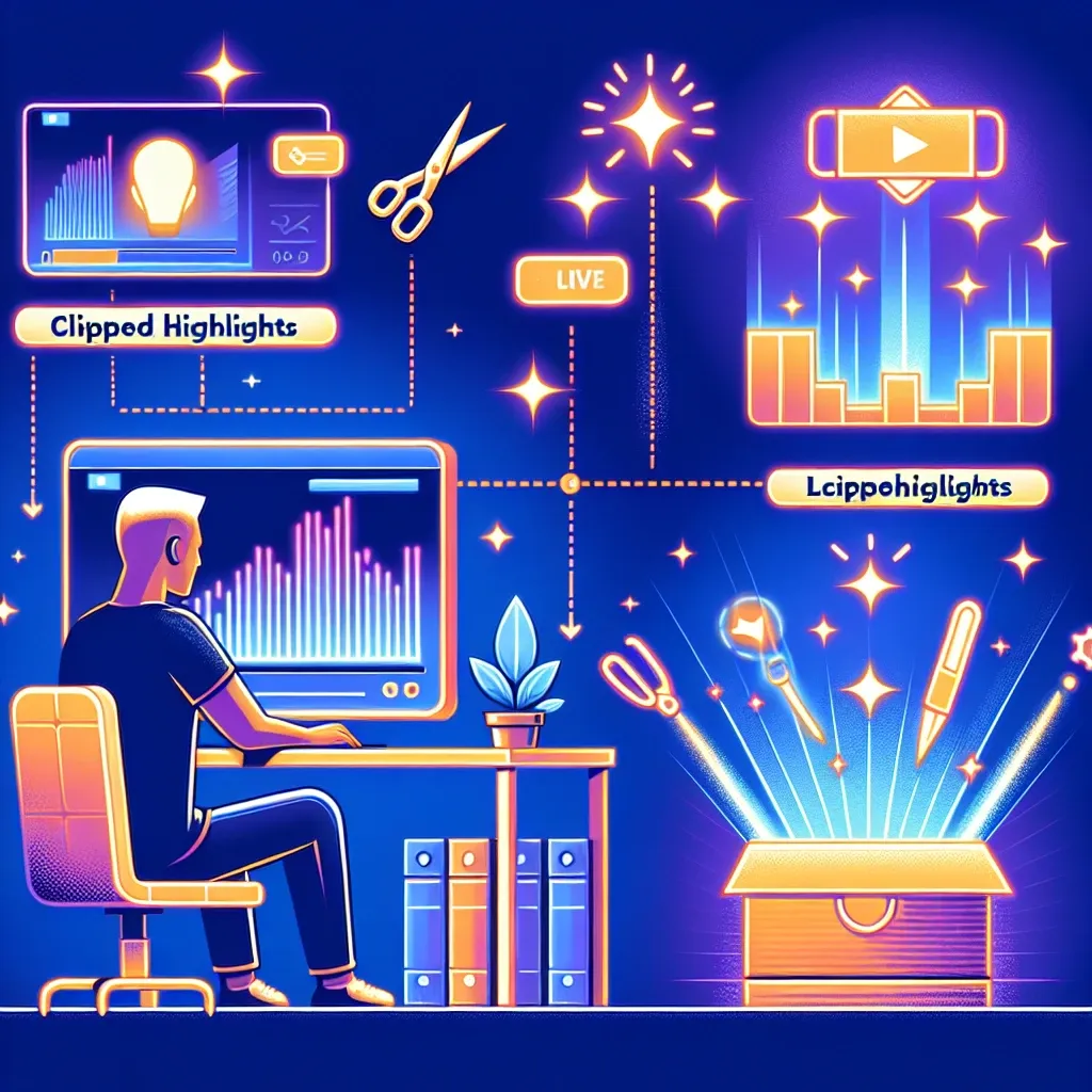 "Content creator using video editing software to clip and save highlights from a livestream, showcasing the process of enhancing online video content."